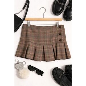 DKNY Jeans Plaid Micro Mini Skirt Brown Tan Pleated Y2K Size 9 Button Detail